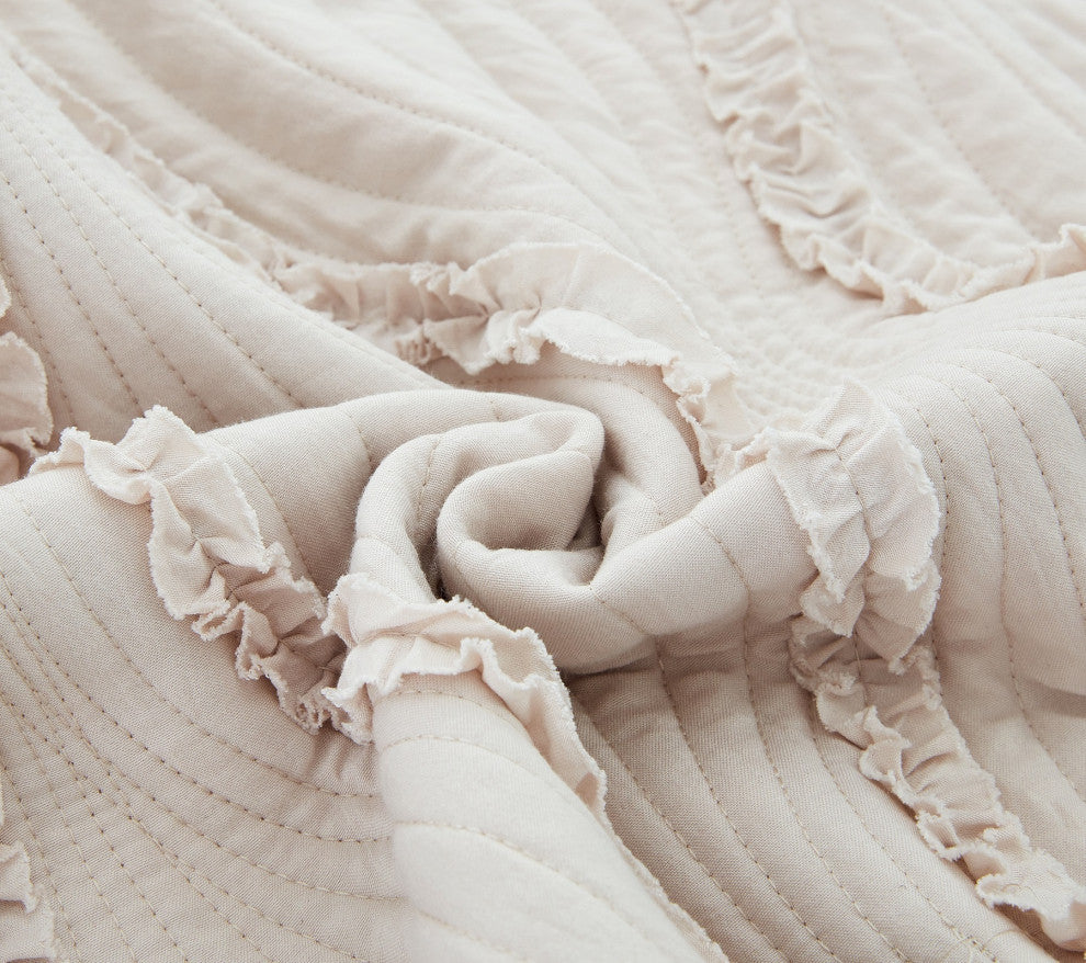 Vintage Classical French Country Boho Chic Ivory Tan Cream Ruffles Bedspread Set