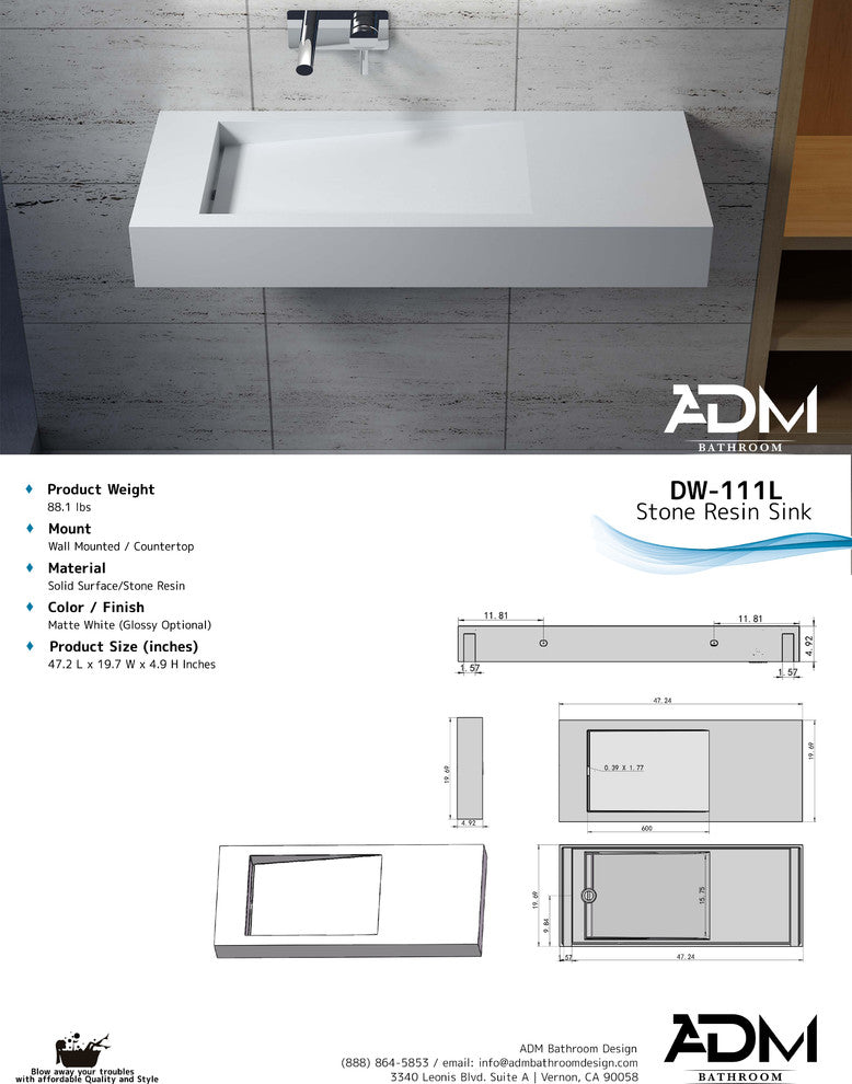 ADM Rectangular Wall Mounted Sink, White, 47", Matte White, On-Left