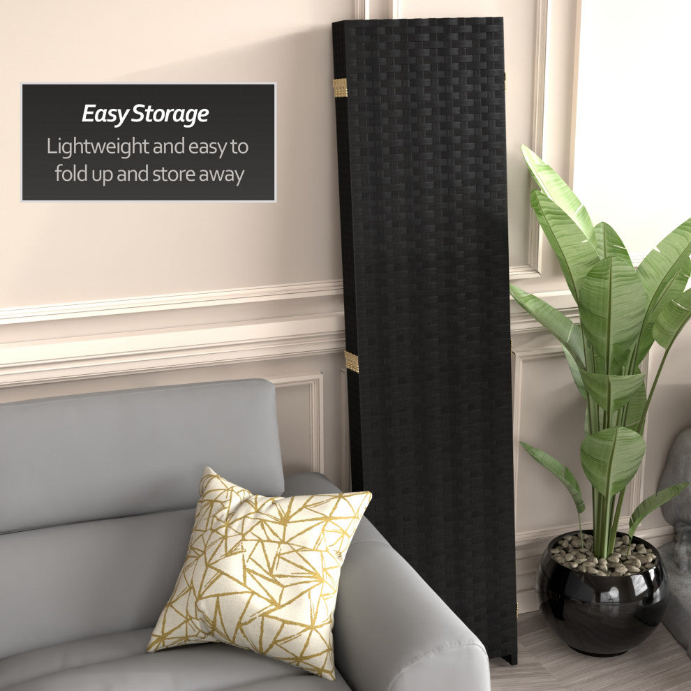 6' Tall Woven Fiber Room Divider, 4 Panel, Black