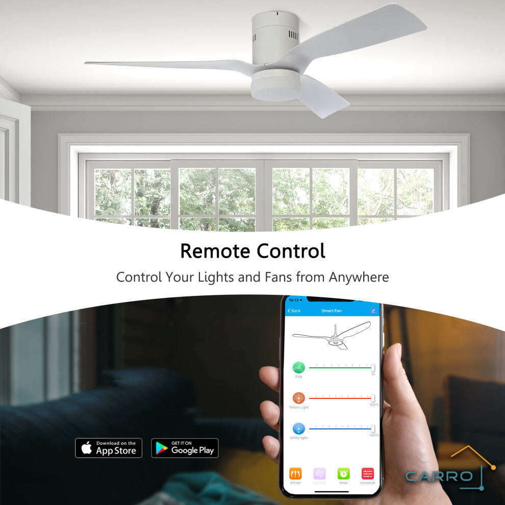 CARRO Flush Mount Ceiling Fan with Dim LED Light and Remote 10 Speed DC Motor, White, 52"