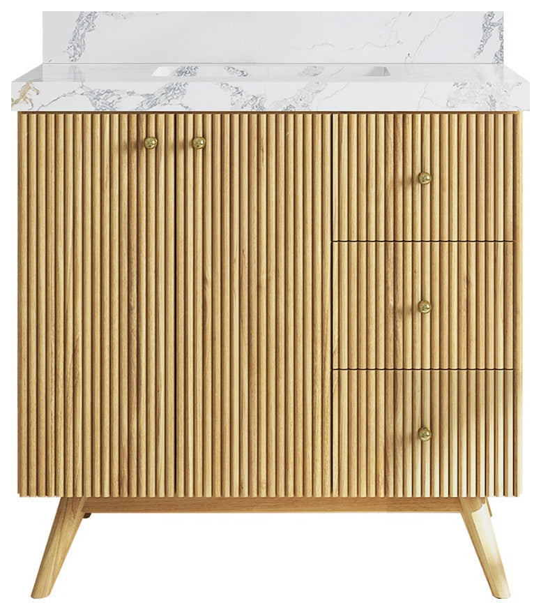 Pasadena 36" Center Sink Bath Vanity, Light Natural Teak 2" Calacatta Poanazzo