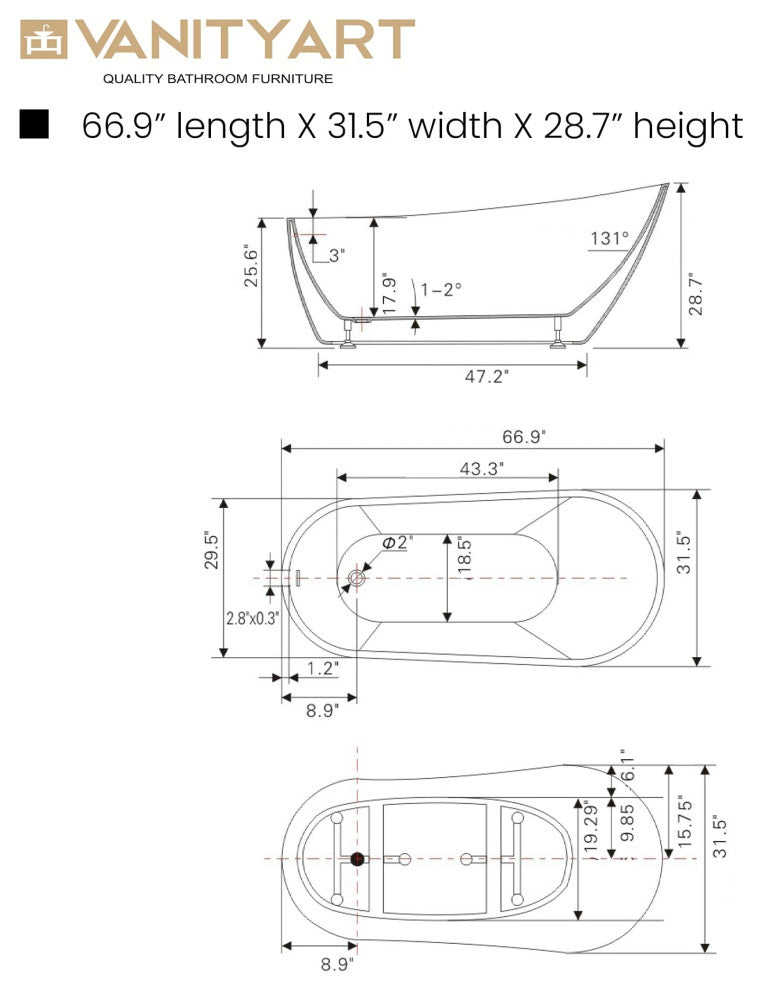 Vanity Art Freestanding Acrylic Soaking Bathtub, White/Polished Chrome, 67"