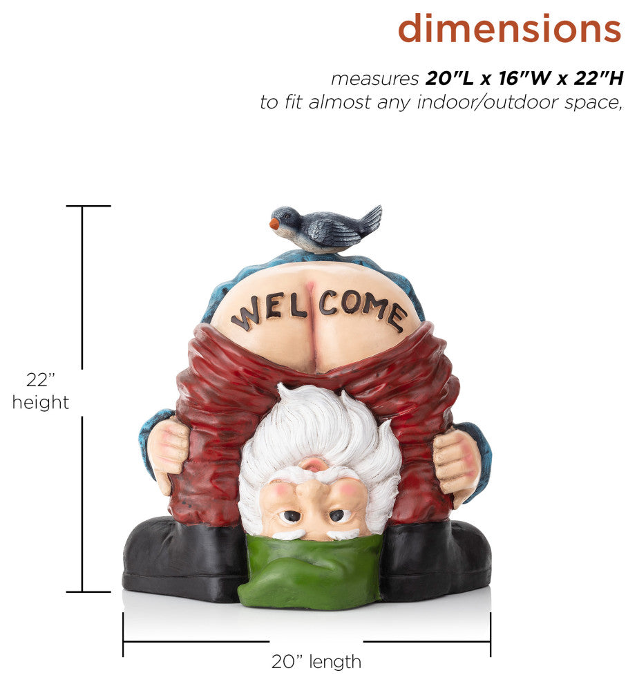 22" Tall Mooning "Welcome" Outdoor Garden Gnome with Bird Yard Statue Decoration