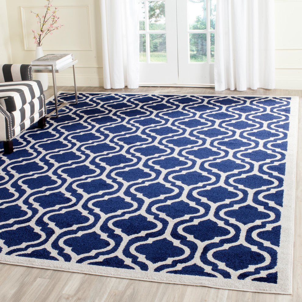 Safavieh Amherst Amt402P Animal Print Outdoor Rug, Navy/Beige, 7'0" X 7'0" Round