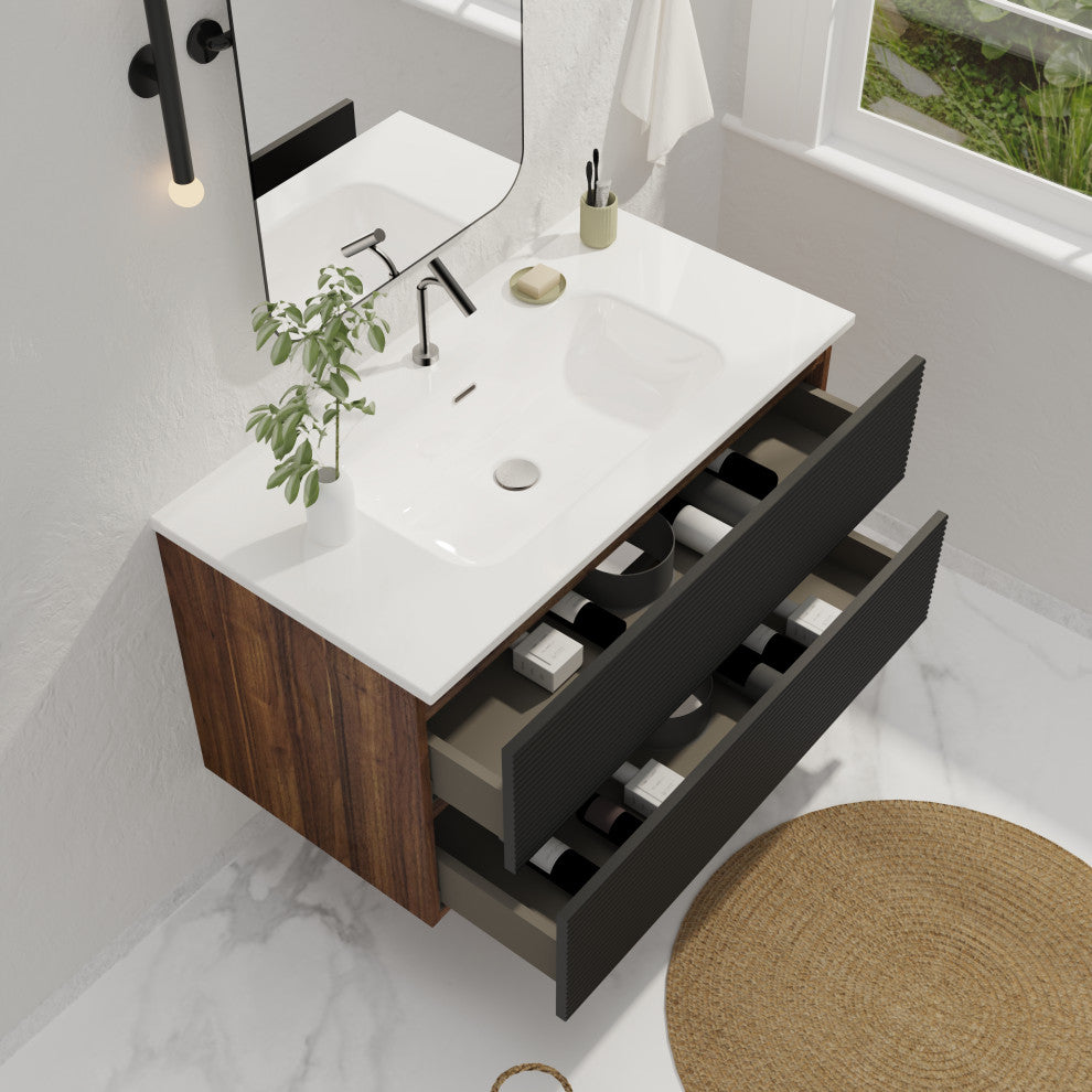 Wall-Mounted Bathroom Vanity Set with Integrated Ceramic Sink, Black, 36"