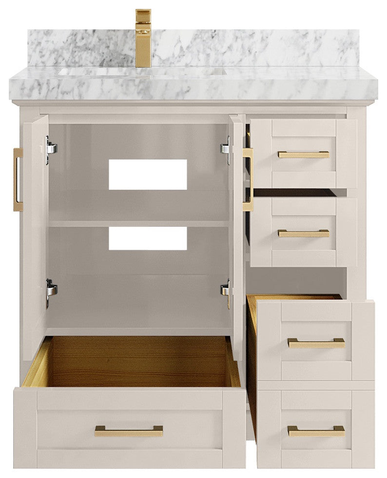 Boston 36" Left Offset Bath Vanity in Fine Grain 2" Carrara Marble