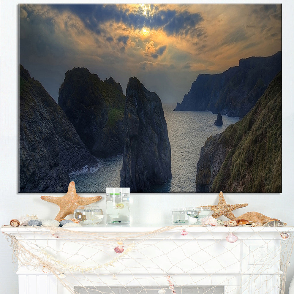 "Dark Rocky Panorama Coastline" Seashore Canvas Art, 32"x16"