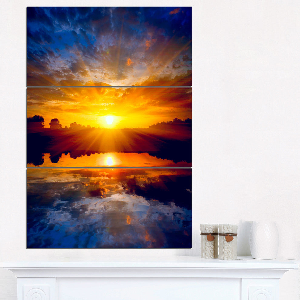 "Bright Yellow Sunset Over Lake" Metal Wall Art, 3 Panels, 28"x36"