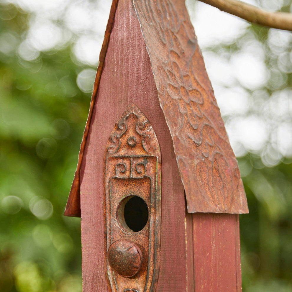 Rustic Garden Distressed Wooden Birdhouse, Retro Red