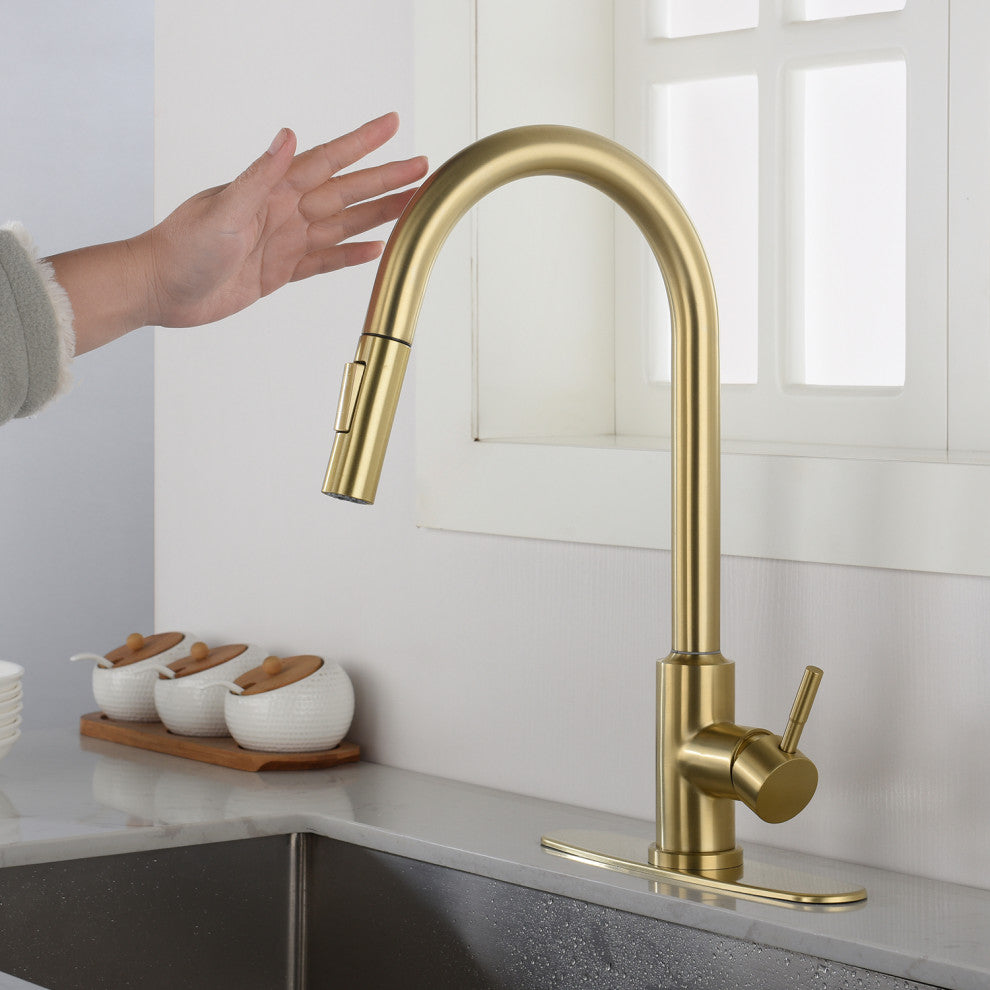 Wellfor Touch Kitchen Sink Faucet With Pull Down Sprayer, Single-Handle, Brushed Gold