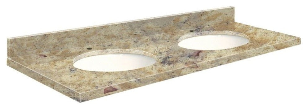 Quartz 61"x22" Double Sink Vanity Top, Single Faucet Hole, Trail, White Bowl