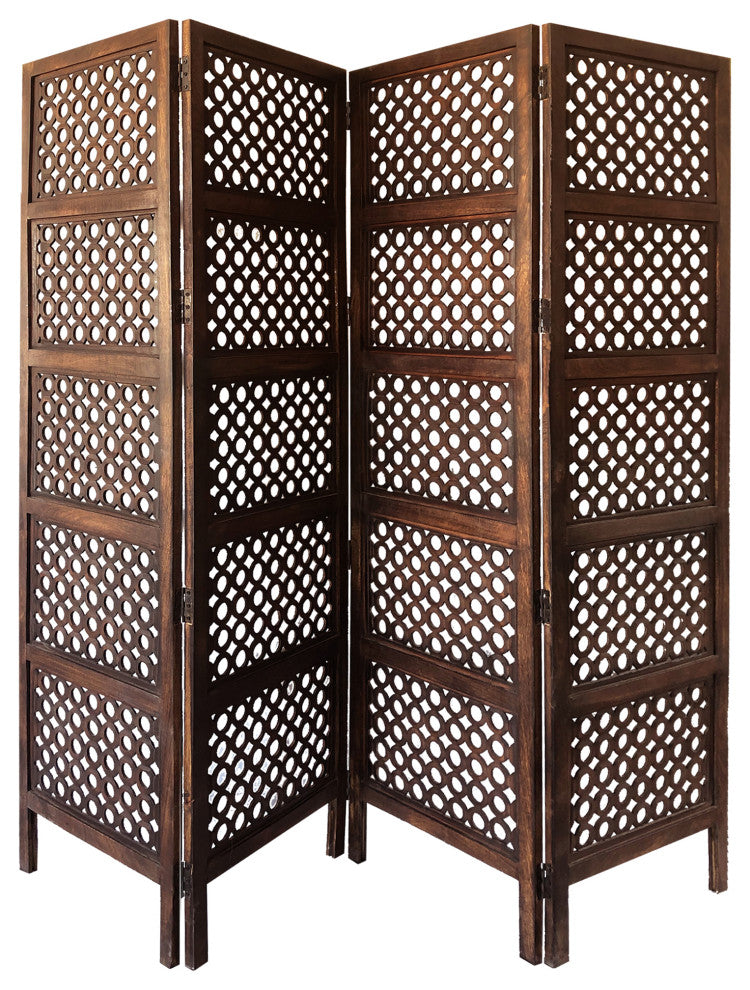 Benzara BM01876 4 Panel Mango Wood Room Divider, Circular Cutout Design, Brown