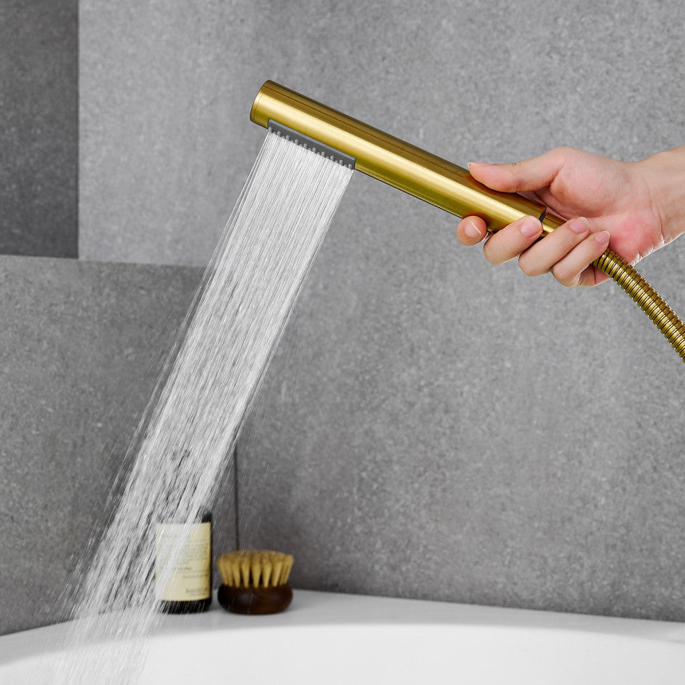Recea Triple Handle Deck-Mount Roman Tub Faucet With Diverter and Handshower, Brushed Gold