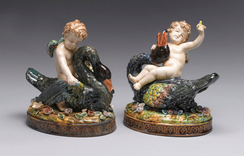 Erhard Ceramic 2-Piece Majolica Cherub With Goose Figurine Set, White