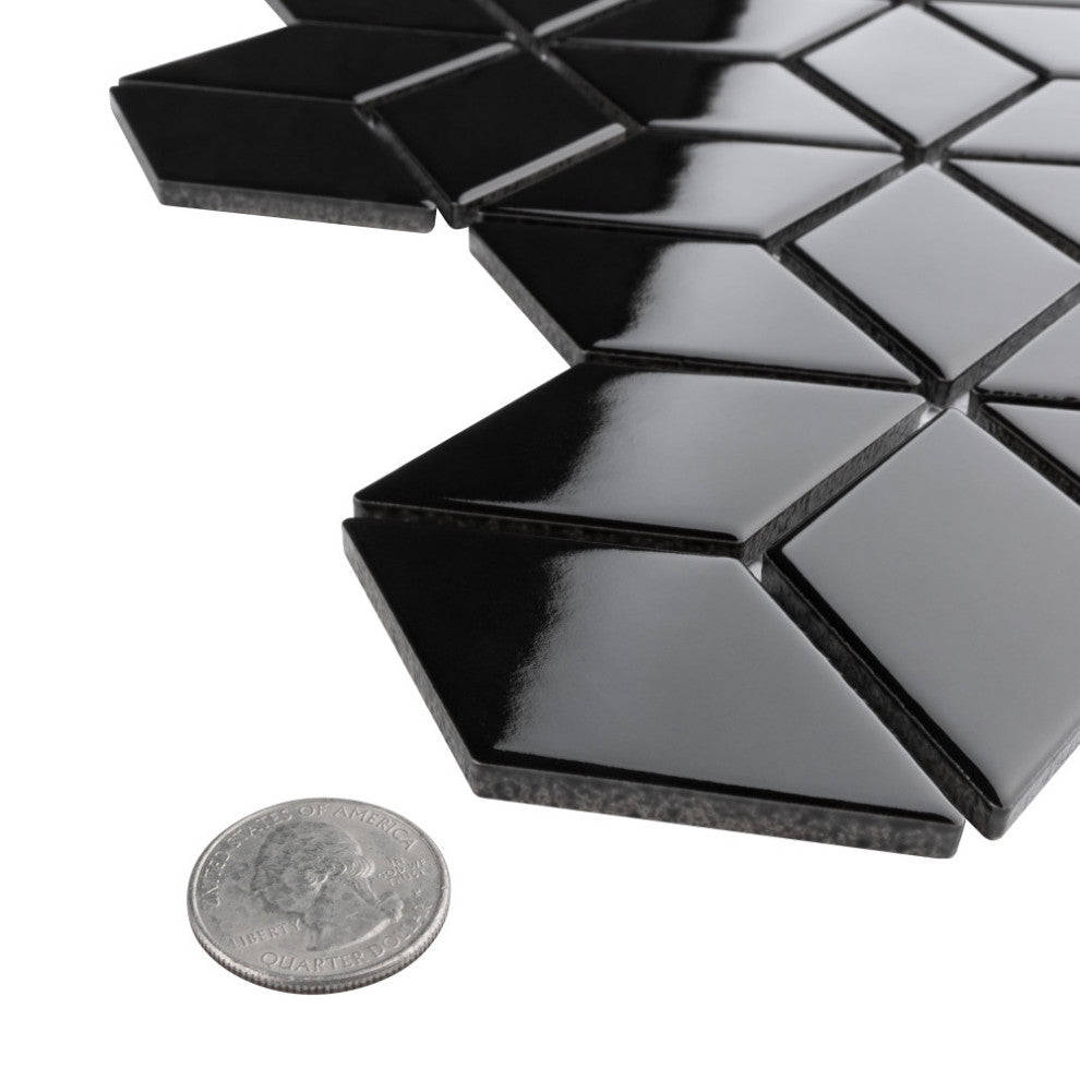 Metro Rhombus Glossy Black Porcelain Floor and Wall Tile
