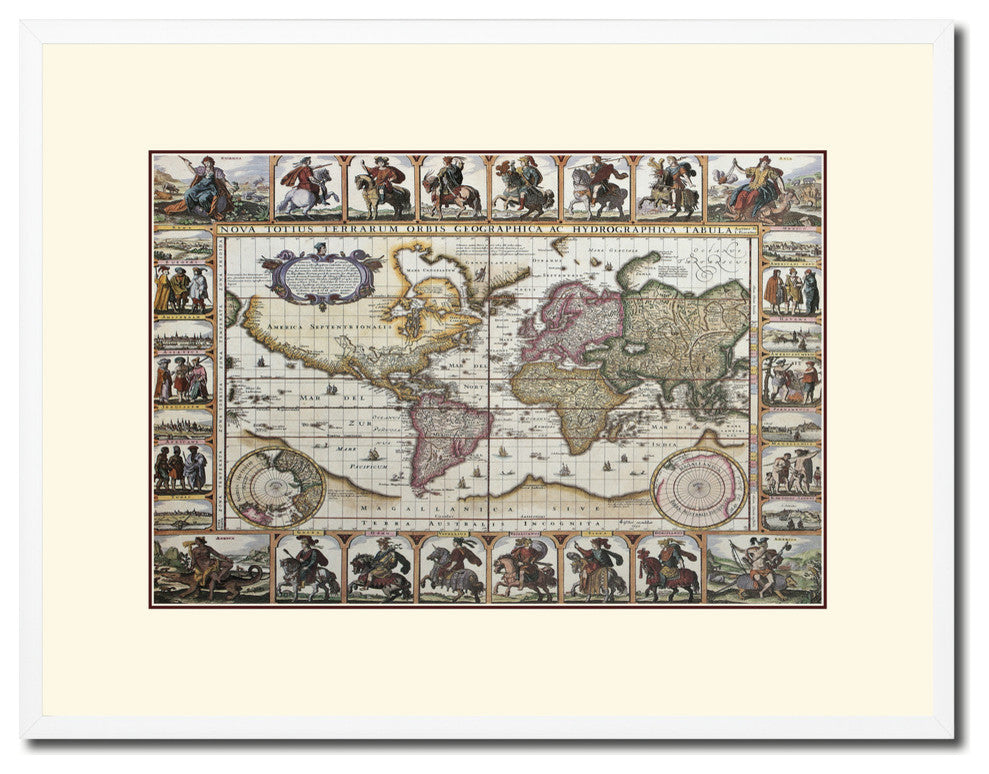 World Old Map Print On Canvas With Picture Frame Art Collection 16" X 21"