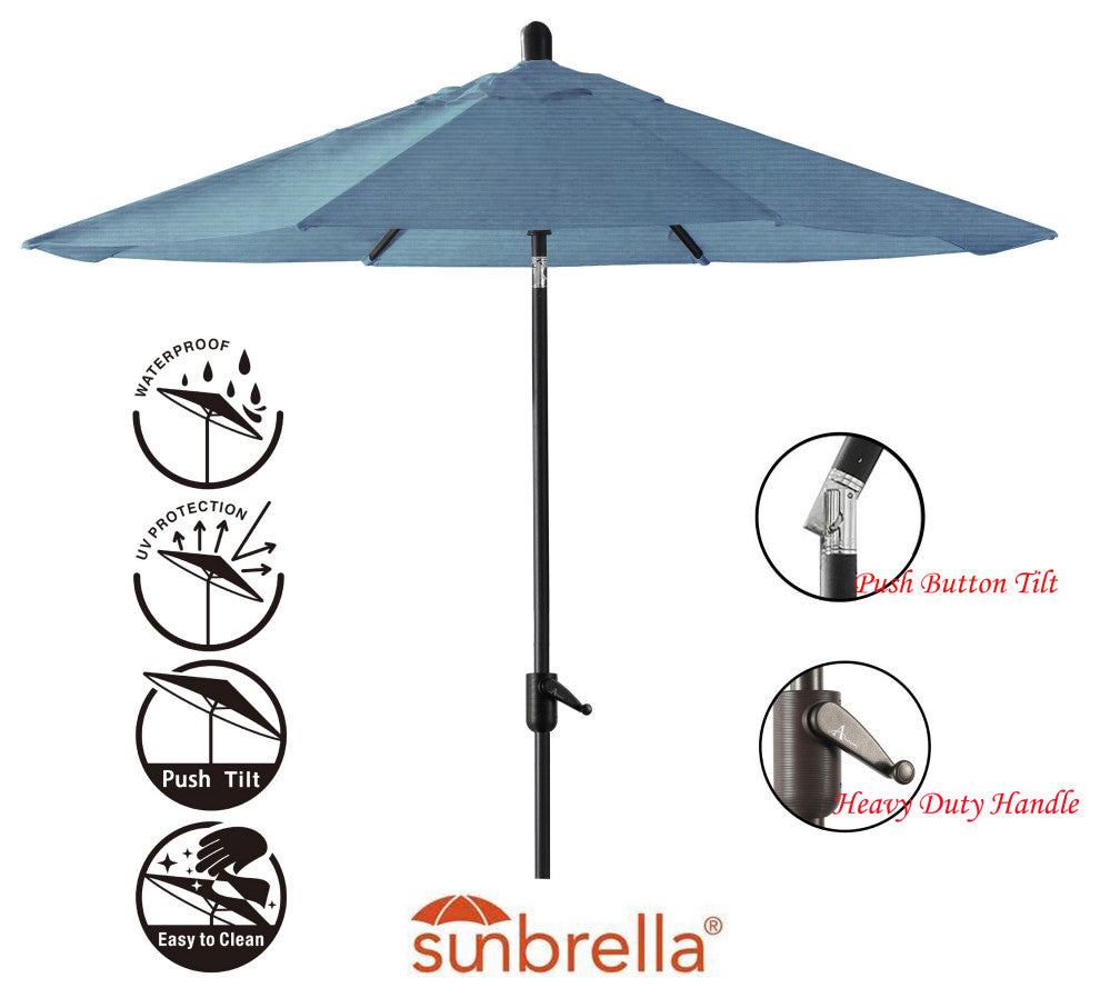 9' Round Push Tilt Market Umbrella, Black Frame, Sunbrella, Sapphire Blue