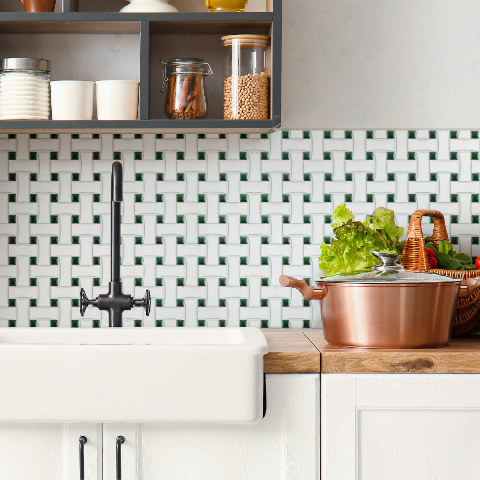 Metro Ion Dog Bone Basketweave Emerald Dot Porcelain Floor and Wall Tile