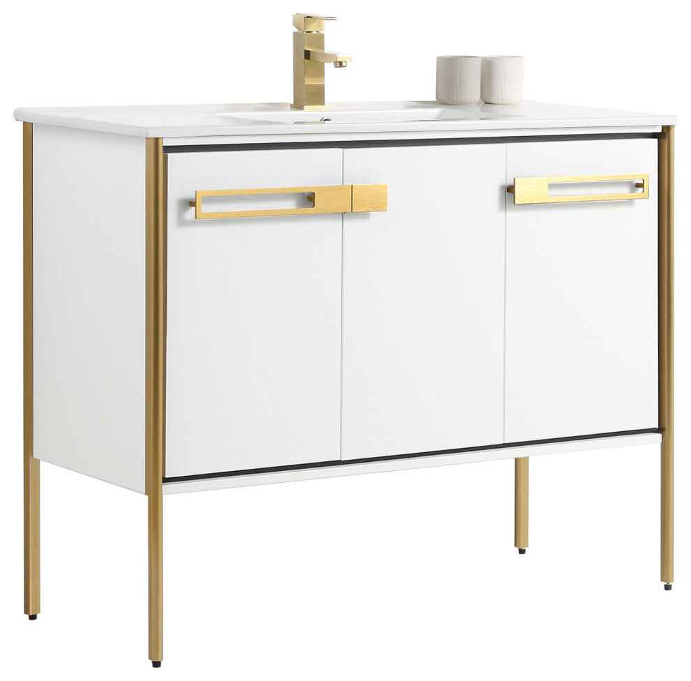 Oakville Bath Vanity, Ceramic Sink, White Matte, 42 Inch, Satin Brass Hardware