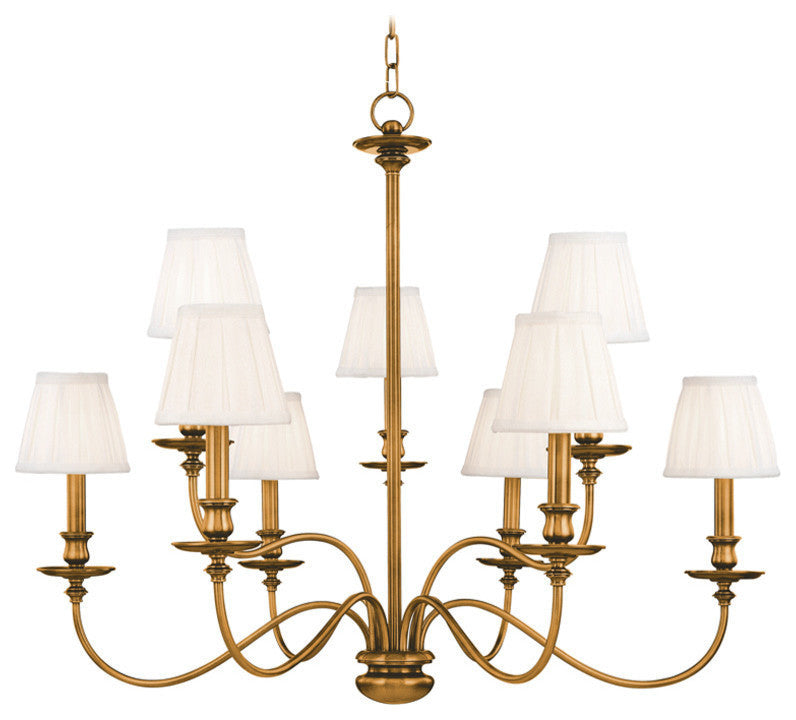 Menlo Park, Nine Light Chandelier, Aged Brass Finish, Off White Faux Silk Shade