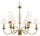 Menlo Park, Nine Light Chandelier, Aged Brass Finish, Off White Faux Silk Shade