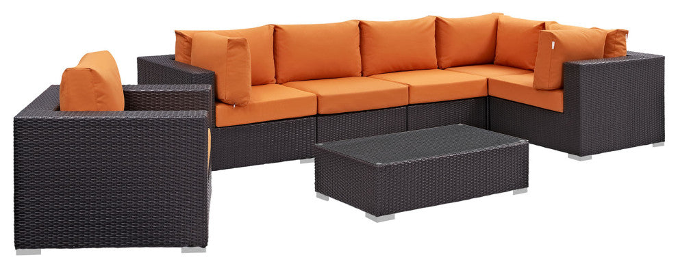 Modway Convene 7 Piece Outdoor Patio Sectional Set, Espresso Orange
