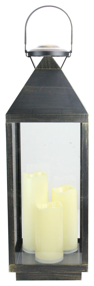 24" Large Gold Brushed Black Candle Lantern With Flameless LED Candles