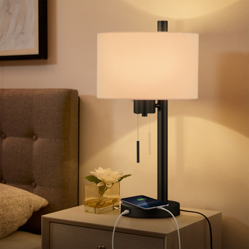 23-in Black Modern Table Lamp With USB Port and White Linen Shade