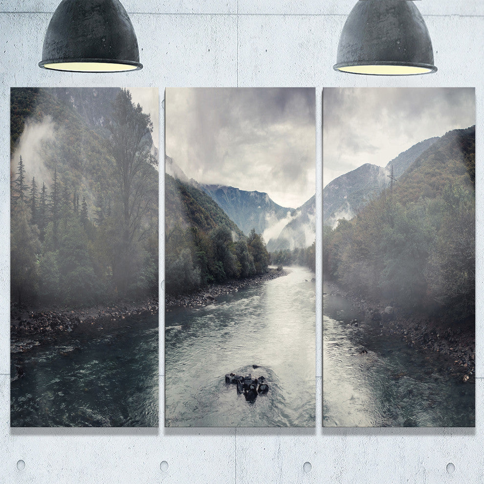 "Mountain River With Fog and Rain" Metal Wall Art, 3 Panels, 36"x28"