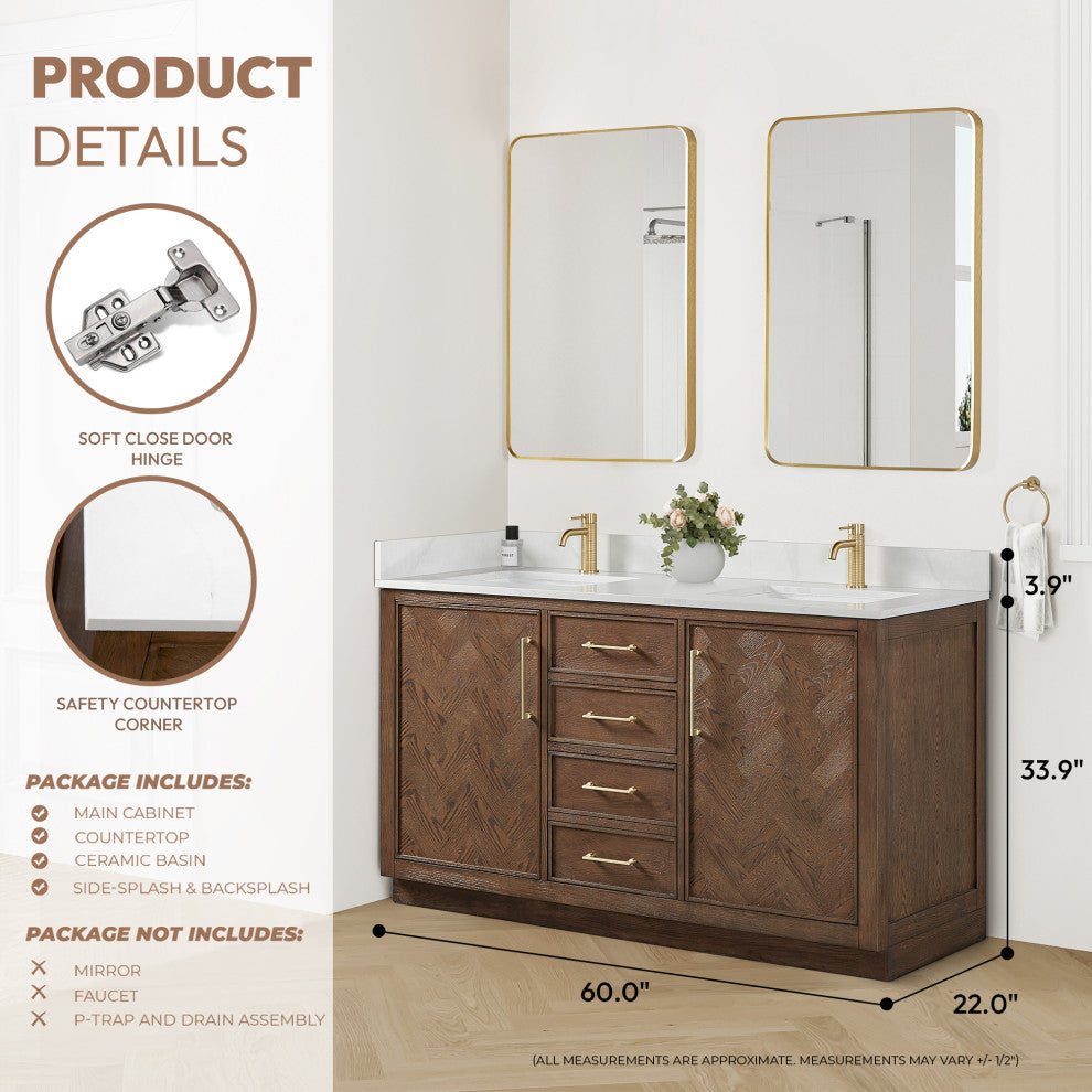 Jakarta Bath Vanity, Quartz Top No Mirror, Dark Brown Oak, 60", Double Vanity