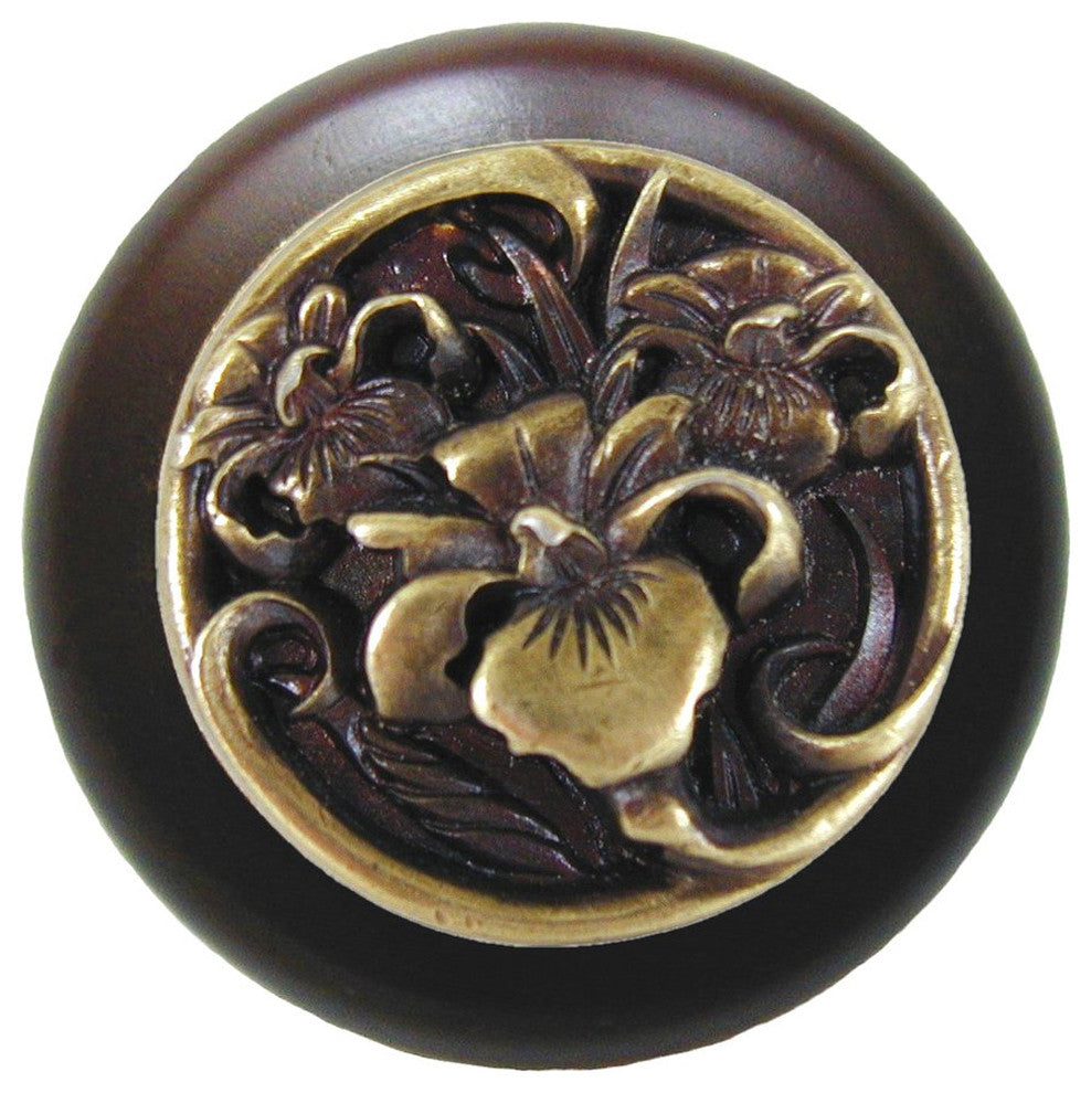 River Iris Wood Knob, Antique Brass, Dark Walnut Wood Finish, Antique Brass