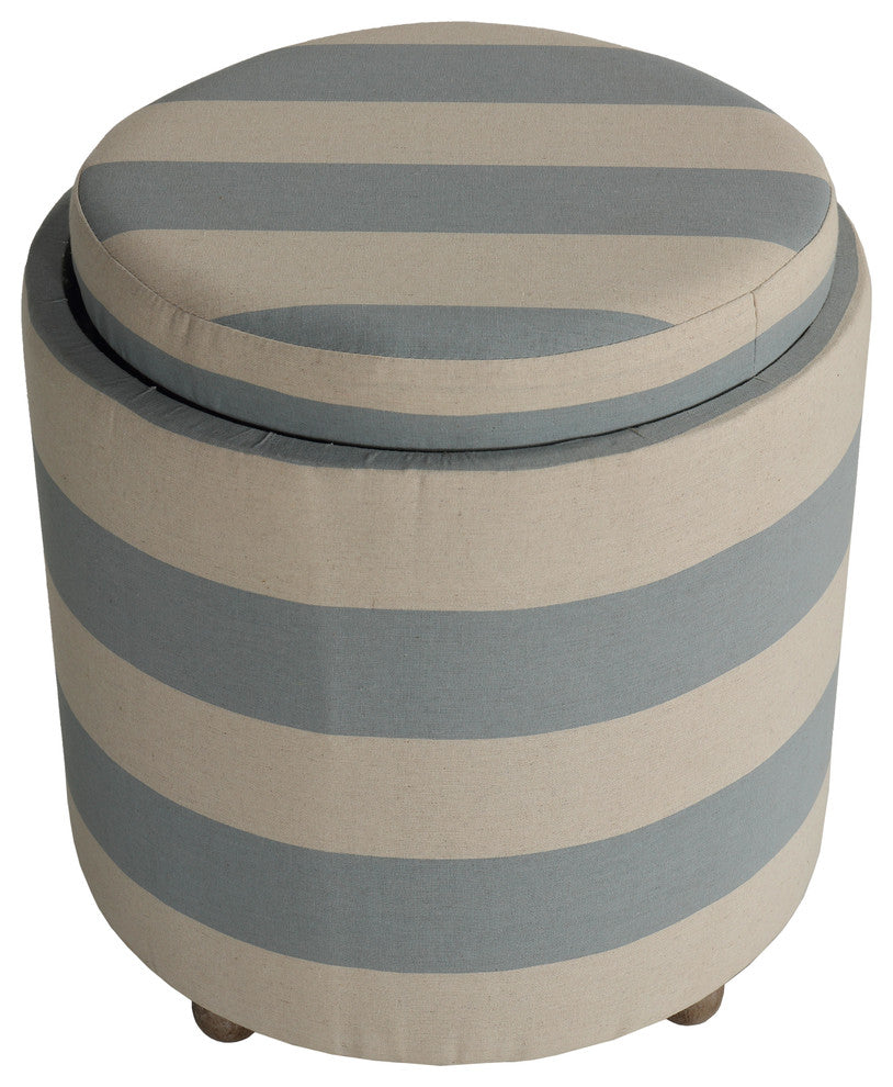 Cortesi Home Keyes Round Storage Ottoman With Tray Top, Blue and White Striped F