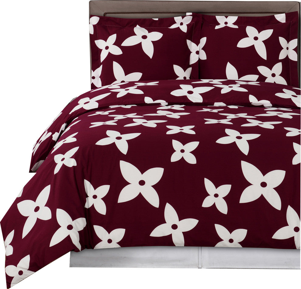Desiree Soft 100% Cotton Duvet Cover Set, Burgundy and White, King/Cal King
