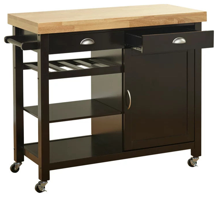 Modern Kitchen Cart, 3 Open Shelves & Storage Drawers With Natural Top, Wenge