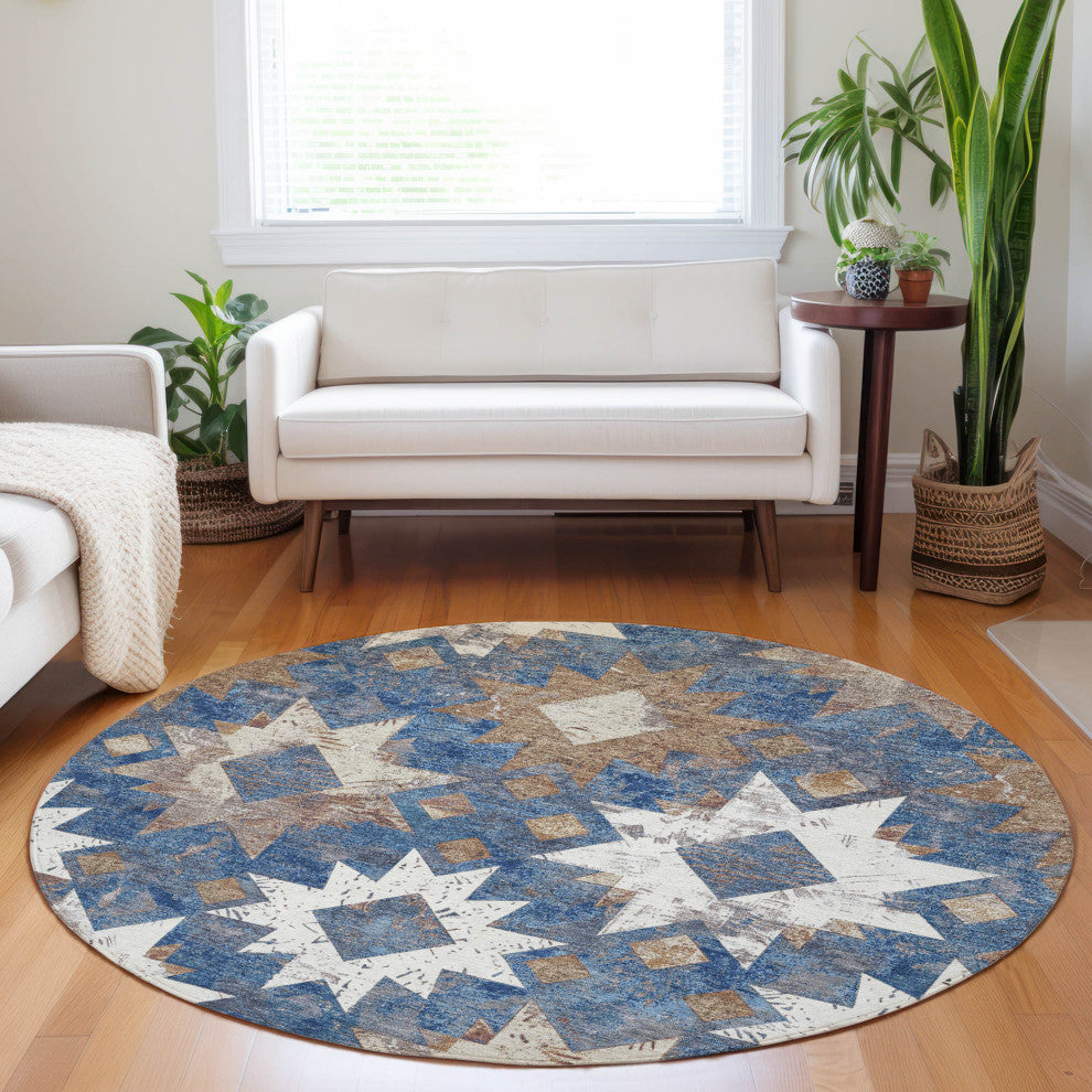 Machine Washable Indoor/Outdoor Chantille ACN1879 Blue 8' x 8' Round Rug