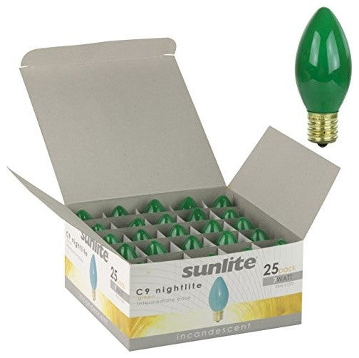 Sunlite 7 Watt C9 Colored Night Light, Intermediate Base, Ceramic Green, 25 Pack