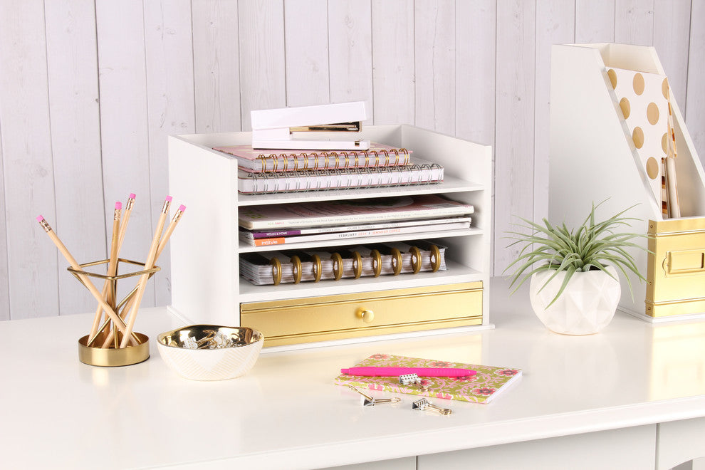 Industrious Desktop Wood Letter Tray, 13x9x10, White/Gold