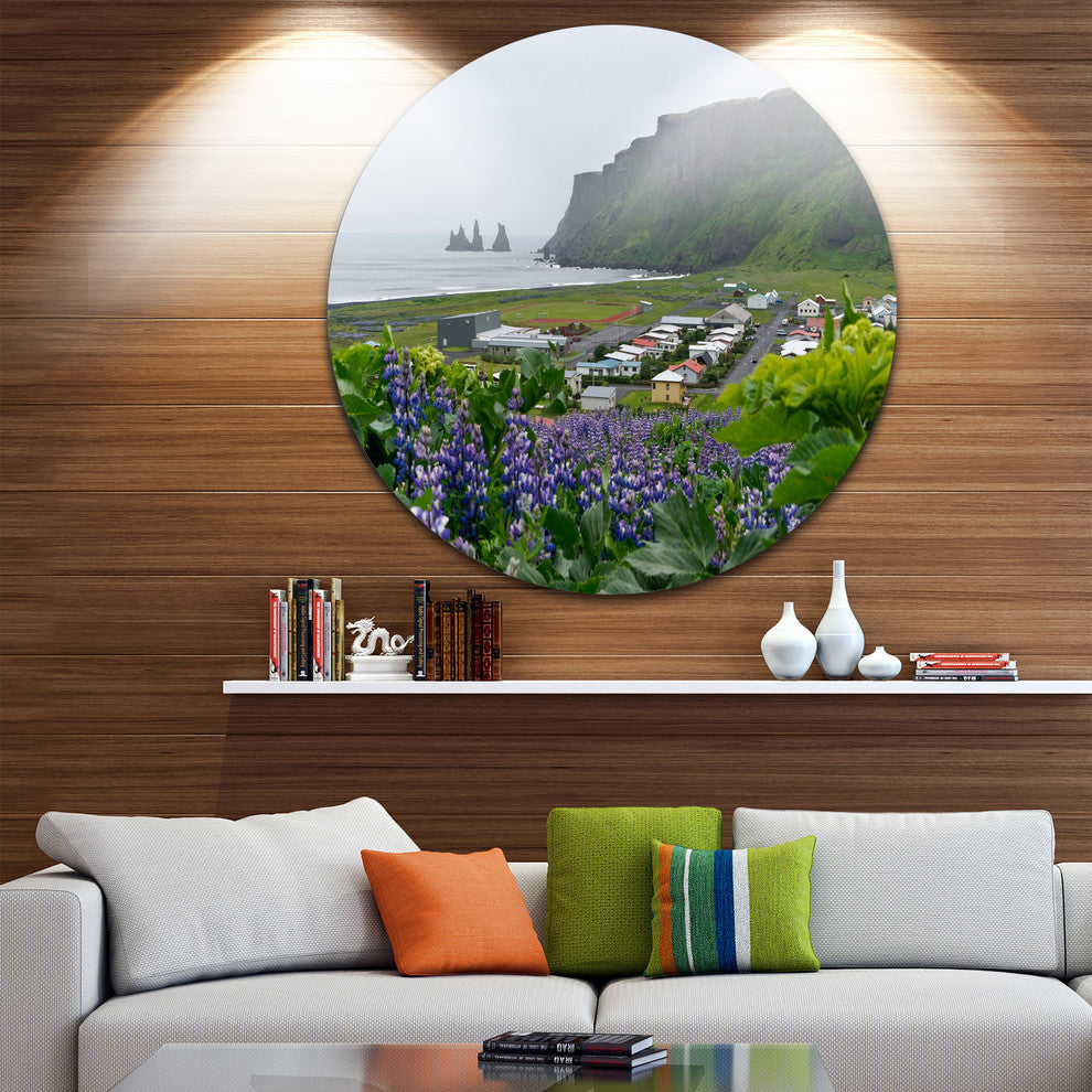 Icelandic Town Vik, Landscape Photography Round Metal Wall Art, 23"