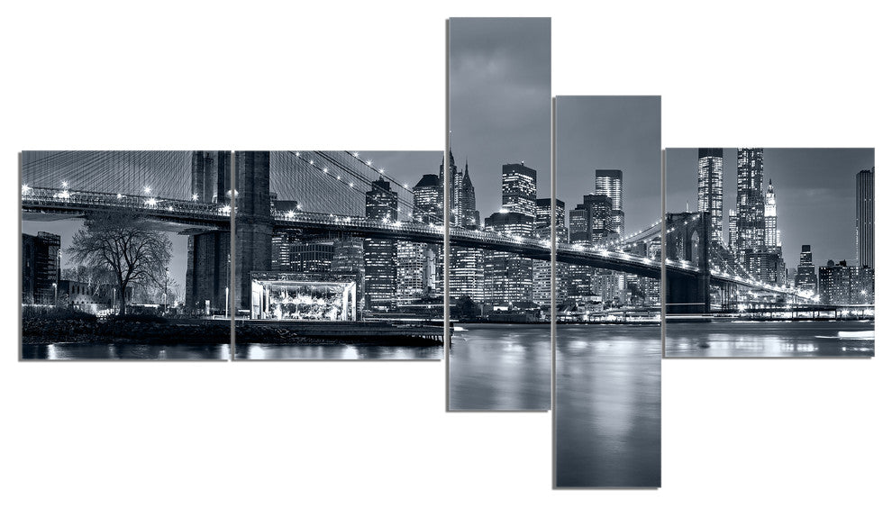 Panorama New York City at Night, Cityscape Canvas Print, 60"x32", 5 panels