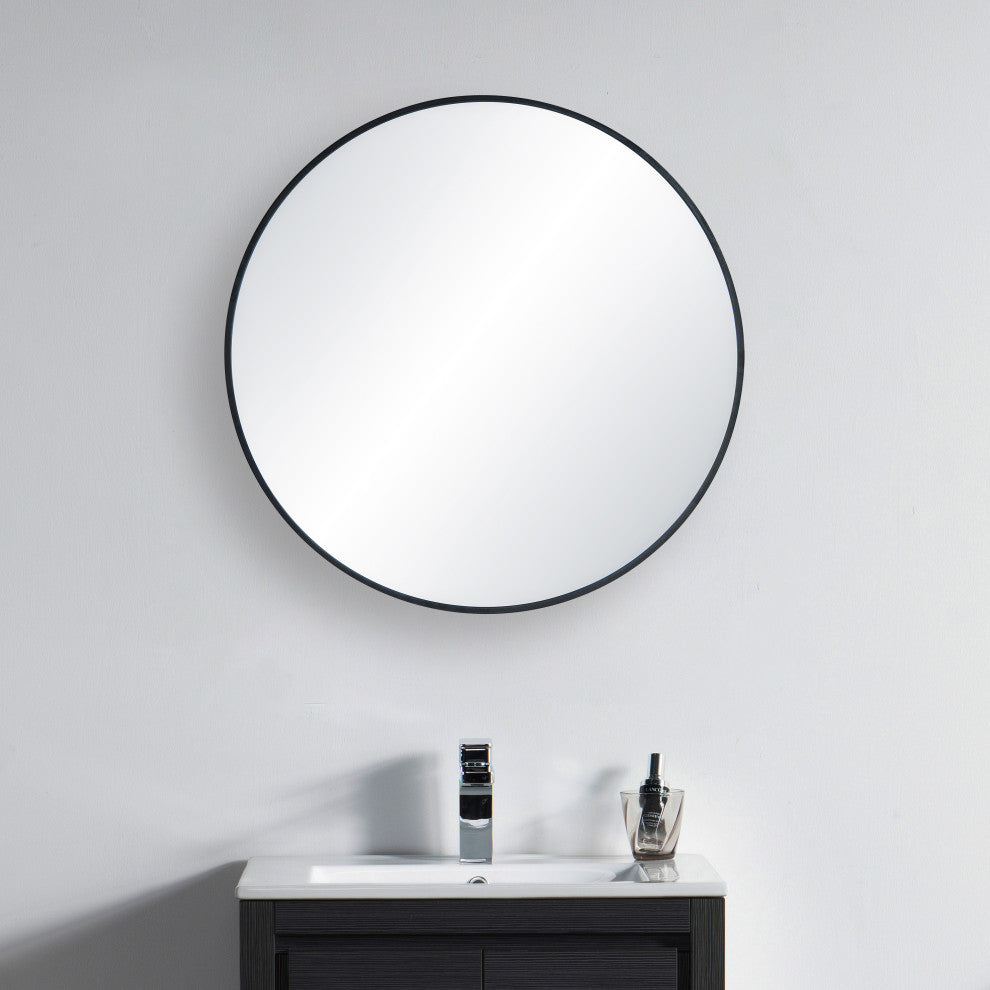 Round Metal Frame Shatterproof Wall Mount Mirror, FM3, Matte Black, 24"