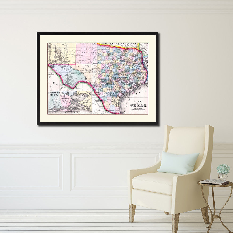 Texas Vintage Map Print On Canvas With Picture Frame 28" X 37"