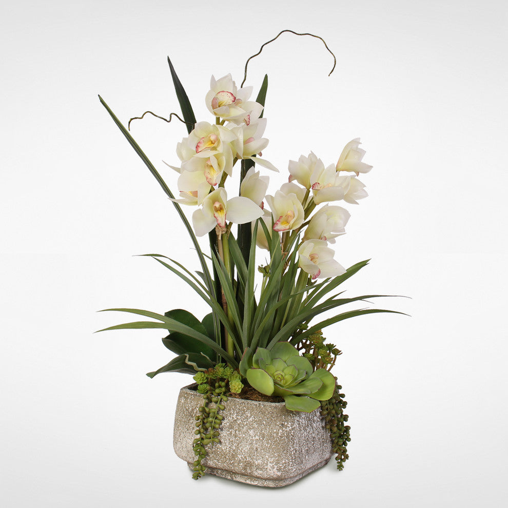 Real Touch White Cymbidium Orchids With Artificial Succulents in Concrete Pot
