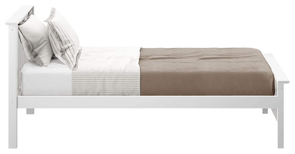 Classic Platform Bed, White Pine Wood Construction & Slatted Headboard, Twin