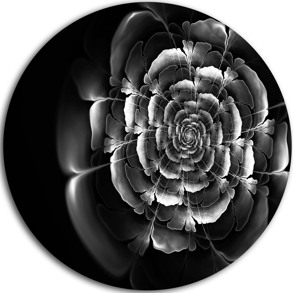 Fractal Silver Rose In Dark, Floral Abstract Art Disc Metal Art, 23"