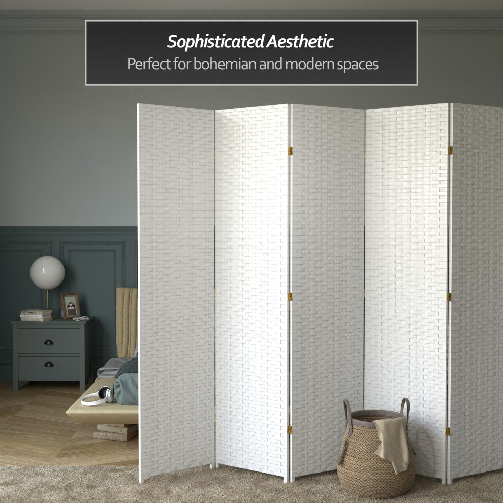 7' Tall Woven Fiber Room Divider, White, 8 Panel