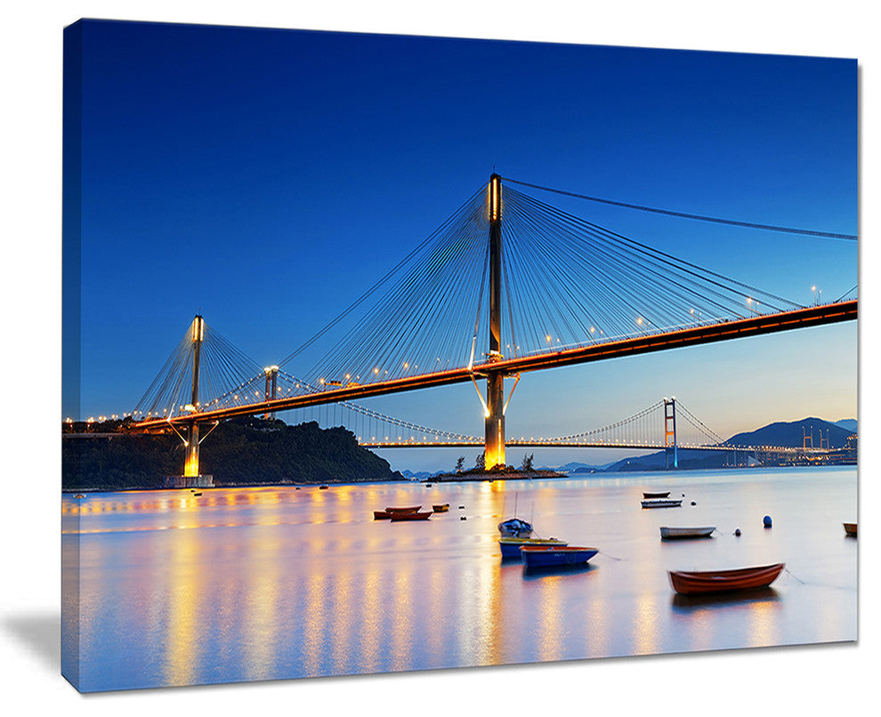"Hong Kong High Bridge At Night" Sea Bridge Canvas Wall Artwork, 20"x12"