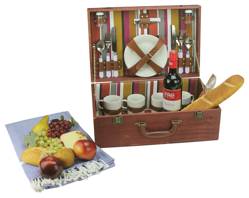 4-Person Hand Wooden Red Striped Picnic Basket Set with Accessories