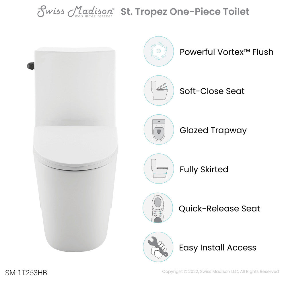 St. Tropez One Piece Elongated Toilet Side Flush, Black Hardware