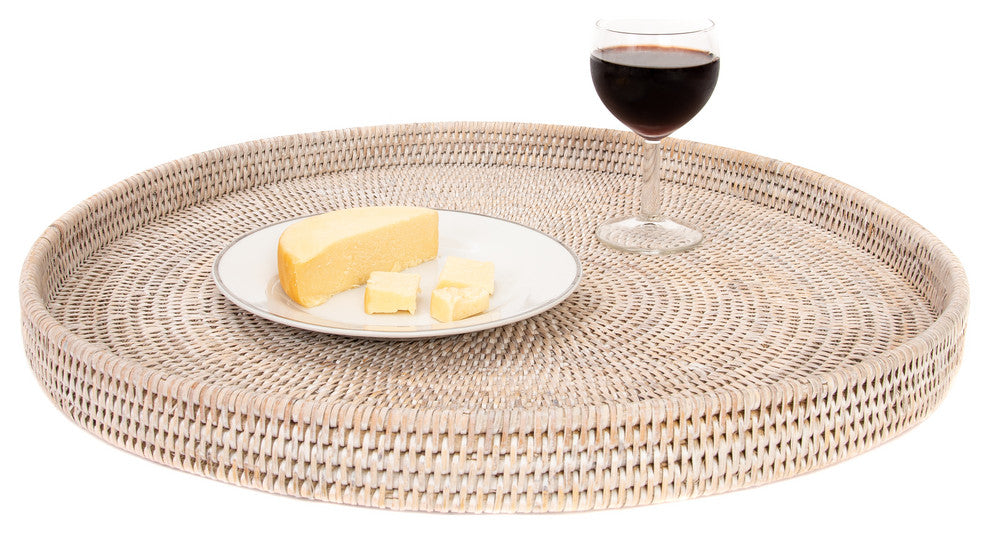 Artifacts Rattan™ Round Serving / Ottoman Tray, White Wash, 24"x24"x2"