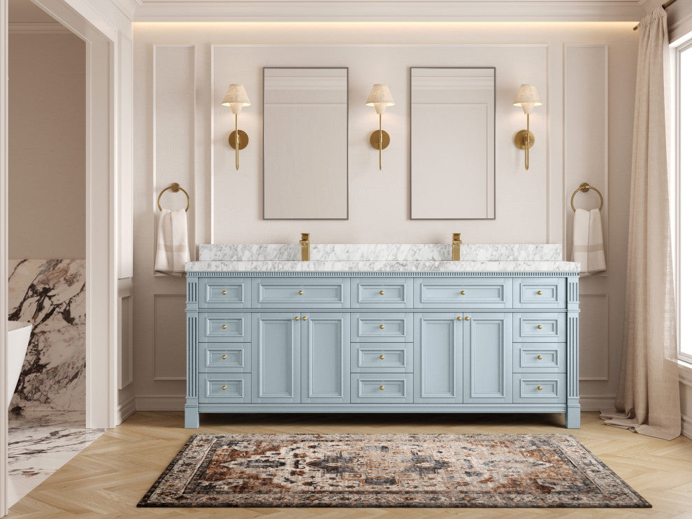 Paris 84" Double Sink Bathroom Vanity, Blue Heather 2" Carrara Marble